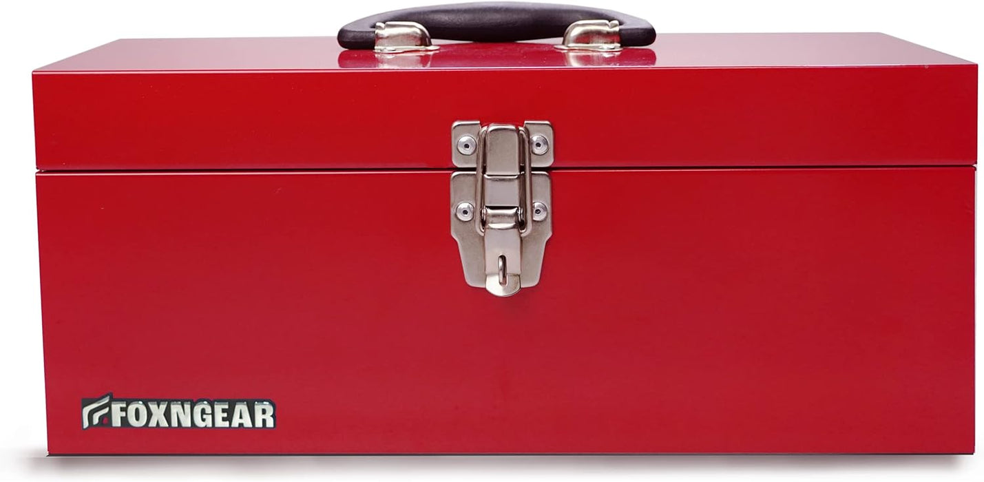 Foxngear Heavy-duty 16" Portable Metal Toolbox with Hand Carry- Red