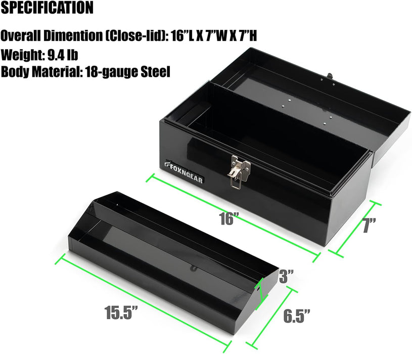 Foxngear Heavy-duty 16" Portable Metal Toolbox with Hand Carry- Black
