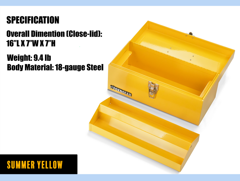 Foxngear Heavy-duty 16" Portable Metal Toolbox with Hand Carry- Yellow