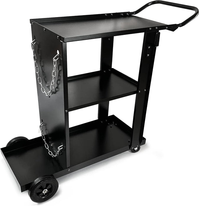 FOXNGEAR Welding Cart Heavy Duty for MIG TIG Welder Plasma Cutter 3-Tier Shelf with Tank Storage-Black-612C